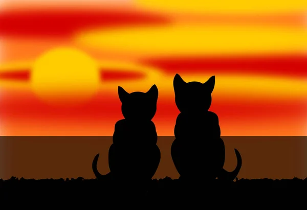 Twee kat silhouetten in een zonsondergang — Stockfoto