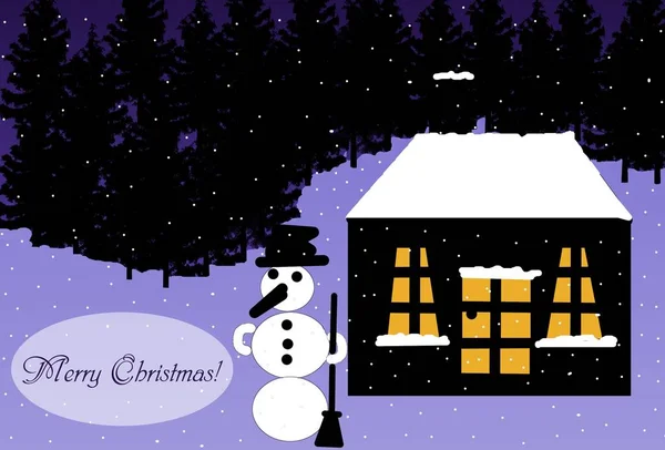 Bir Ev ve Kardan Adam ile Noel Kartı Kış Manzara