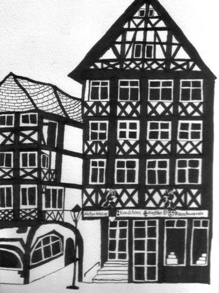 Casas de madeira históricas, desenho de tinta desenhada à mão — Fotografia de Stock