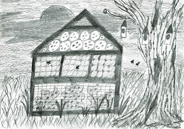 Insect Hotel, Hand Drawn Lead Pencil Drawing