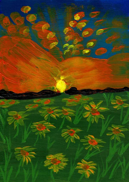 花の草原の夕日、手描きのアクリル絵画 — ストック写真