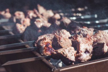 Marine et domuz barbekü brazier konuyor. Ateş konseptinde et pişirme.