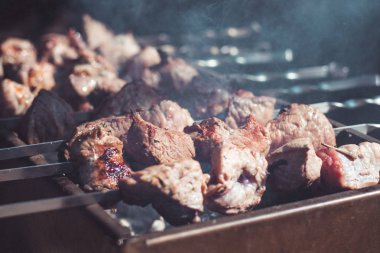 Marine et domuz barbekü brazier konuyor. Ateş konseptinde et pişirme.