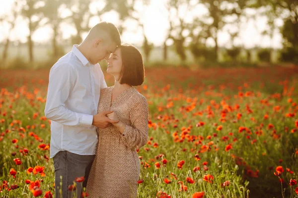 夕阳西下 一对浪漫的情侣拥抱在红色的罂粟地里 男孩和女孩抱着一朵红色的罂粟花互相示爱 家庭价值观与和平概念 — 图库照片