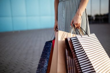 Yeni alınmış mal ve kıyafetlerle dolu bir kaç alışveriş çantası tutan çekici genç bir kadın. Kızın elinde bir sürü renkli paket dolusu bir şeyler var. Alışveriş ve harcama kavramı