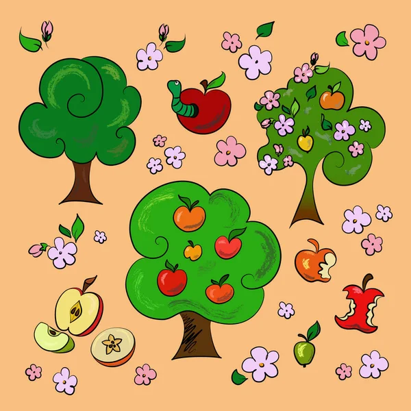 Vektor Set Von Bunten Äpfeln Und Apfelbäumen Reihe Einfacher Cartoon — Stockfoto