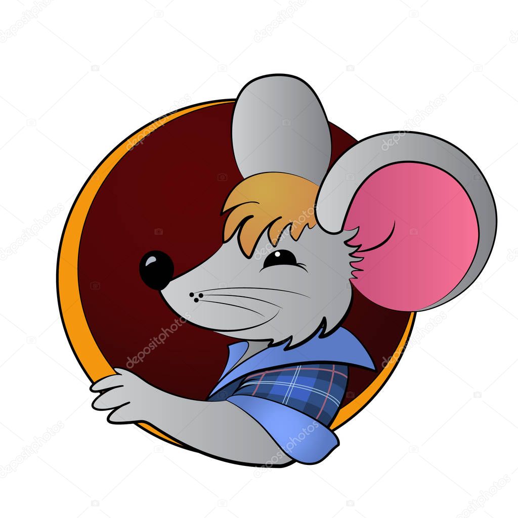 El símbolo del Año Nuevo Chino 2020. Un ratón gris con una camisa a cuadros  azul se sienta en un círculo en forma de mes. Ilustración vectorial de  dibujos animados aislada sobre