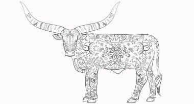 Hint ineğinin telif hakkı süsleri. Karalama ve zenkarga elementli anti-stres el yazması çizimi.