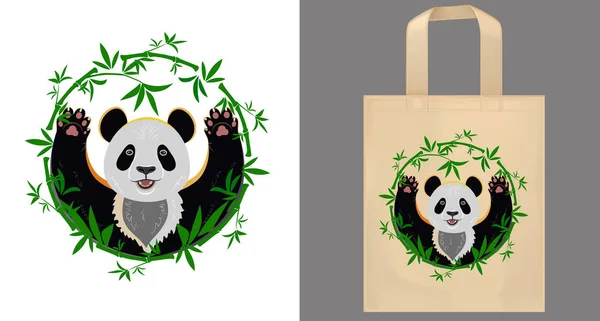 Fabric bag design. Typography of a cheerful panda surrounded by bamboo. Vector illustration in eco style