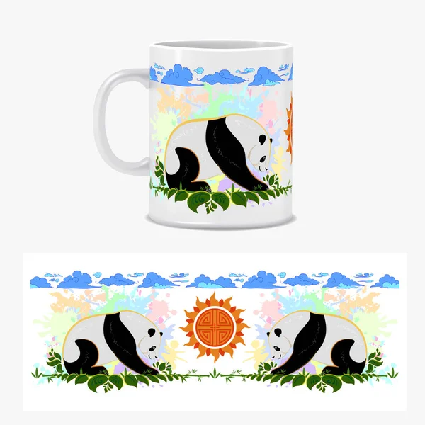 Disegno Tazza Bianca Panda Sullo Sfondo Creativi Macchie Colorate Elementi — Foto Stock