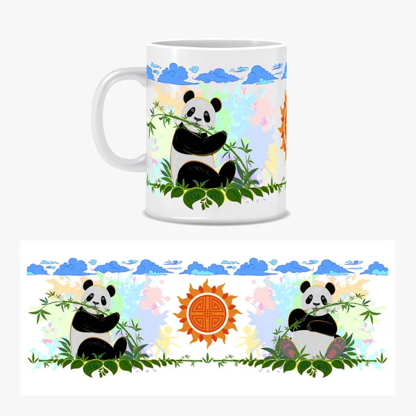 Diseño Taza Blanca Pandas Con Bambú Contra Fondo Manchas Colores — Foto de Stock