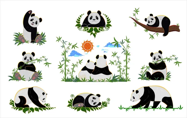 Set Simpatici Panda Con Bambù Stile Asiatico Progettazione Biglietti Auguri — Foto Stock