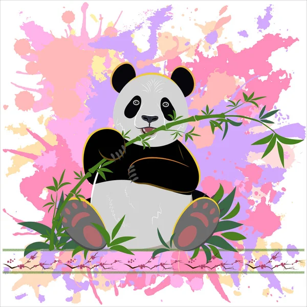 Panda Alegre Senta Grama Come Bambu Fundo Manchas Rosa Estilo — Fotografia de Stock