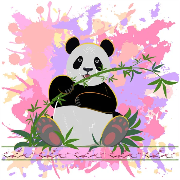 Cheerful panda sits on the grass and eats bamboo on a background of pink blots in a watercolor style. Design of hoodies, t-shirts, bags, packages, notebooks