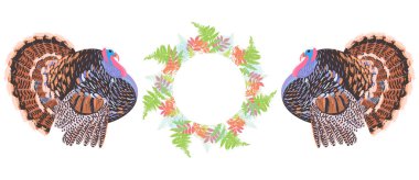 Renkli sonbahar yapraklarının yanındaki hindiler. Şükran Günü kutlama tasarımının temsilcisi.