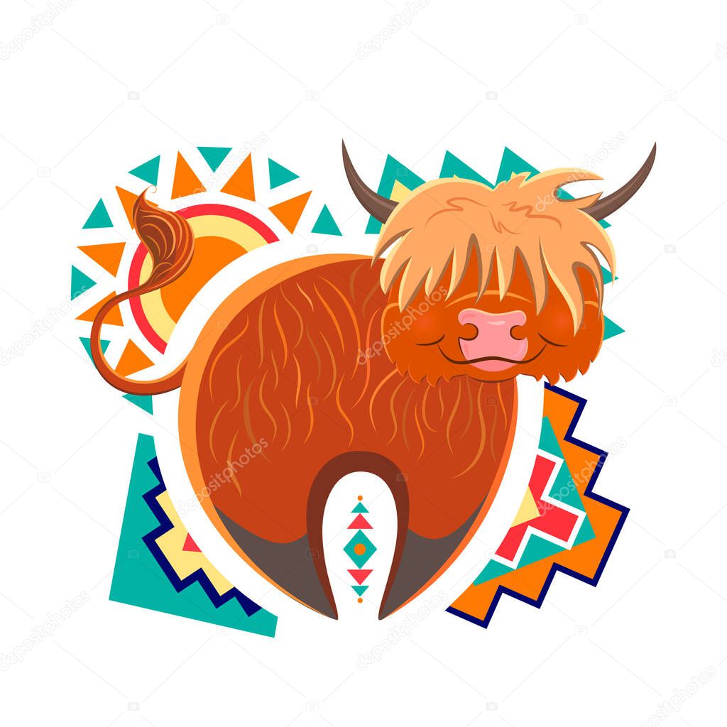 Decorative Scottish bull on the background of ethnic ornament. Background of wearing fashion clothes, postcards, notepad, or any other kind.