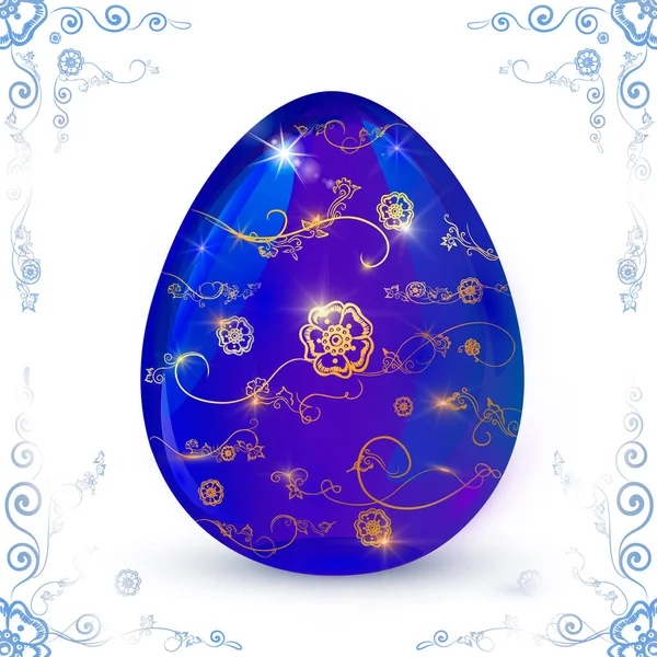 Huevo azul pascua decorativo rodeado de adornos florales — Vector de stock