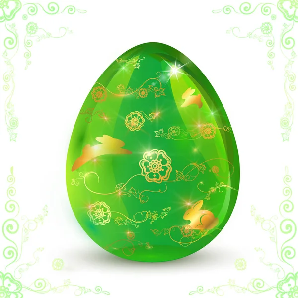 Huevo de Pascua sobre fondo blanco y rodeado de ornamentos florales. — Vector de stock