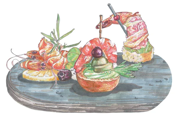 Set Snackes Shrimp Bread Canapes Dark Stand — Stock Photo, Image