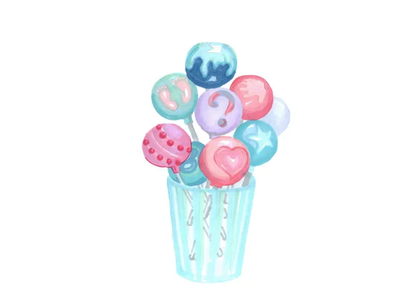Un verre avec des boules de bonbons bleues et roses chups pour une fête de révélation de genre — Photo