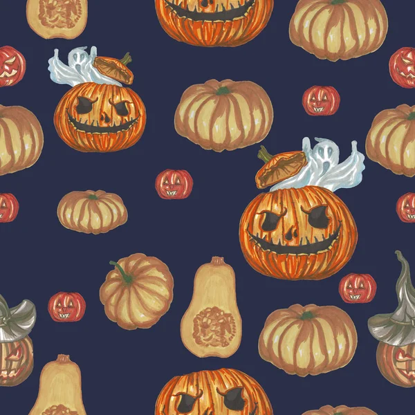 Helloween-Muster mit Kürbissen auf blauem Hintergrund — Stockfoto