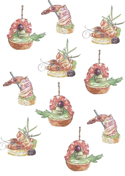 Muster-Set von Snacks mit Garnelen — Stockfoto