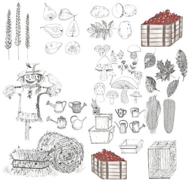 siyah-beyaz renklerde hasat elemanları kümesi