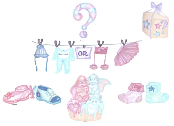 Κόμμα αποκαλύπτει το φύλο, δύο μπλε και ροζ παπούτσια κάλτσες και κέικ — Φωτογραφία Αρχείου
