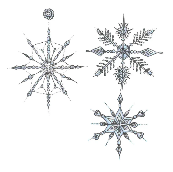 Três doodle Natal ano novo flocos de neve brinquedos — Fotografia de Stock