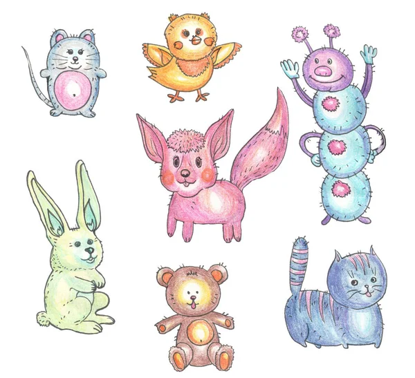 set of colored animal toys - blue caterpillar, blue cat, pink fox, teddy bear, chick, grey mouse and green rabbit on the white background. Childen art illustration is drawn by olored pencils