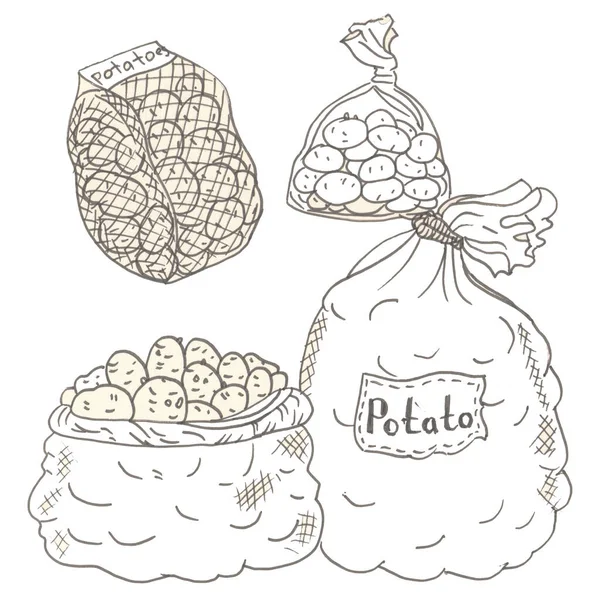 Säckar och påsar med potatis, potatis i en annan förpackning — Stockfoto