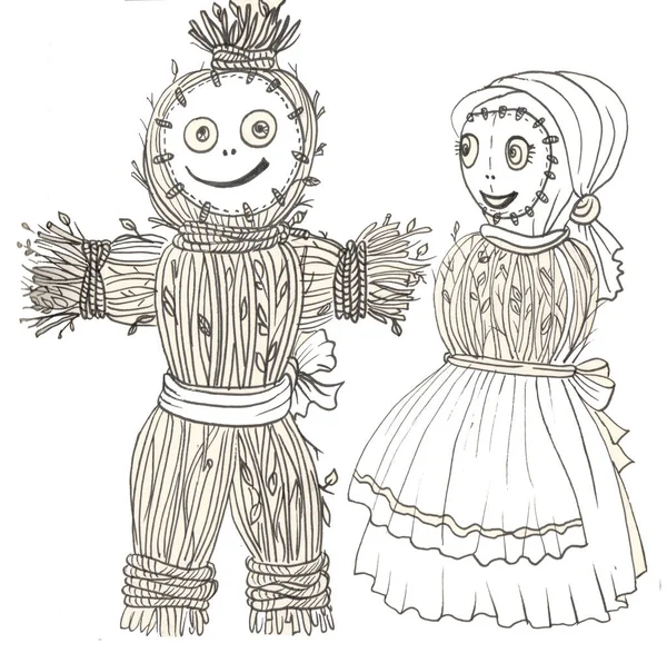 Stuffed voodoo dolls straws boy and girl — Stock Photo, Image