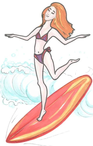 a woman kite surfing. Girl windsurfing on water surface with air kite with tropical sea summer landscape. A flat cartoon illustration