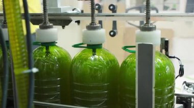 Tarım fabrikasındaki yağ şişeleme işlemi Seçici bir odak noktasında. Tarım kavramı