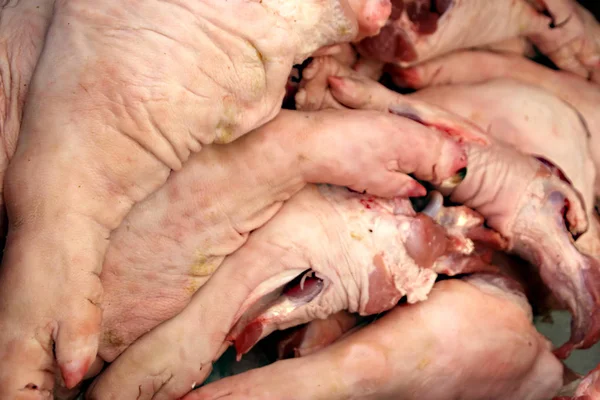 Свежие свиные ножки на мясном рынке — стоковое фото