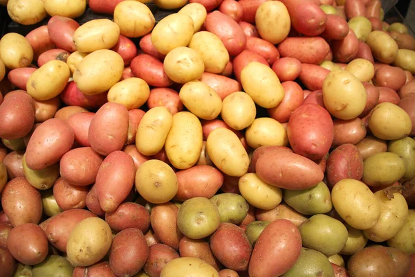Красный и желтый мелкий картофель продается на рынке — стоковое фото