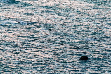 Okyanustaki dalgalar üç küçük kayaya çarpar. Gün batımında okyanus gücünün soyut malzemesi, dokusu veya arka planı