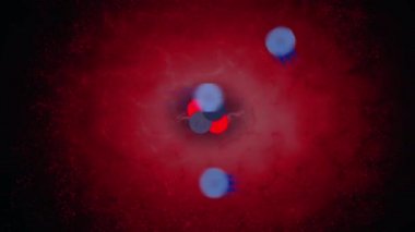 Bir atomun çekirdeğinde iki proton ve iki nötron bir araya geldi ve etrafında dönen üç elektron ve kırmızı bir elektrik arka planı