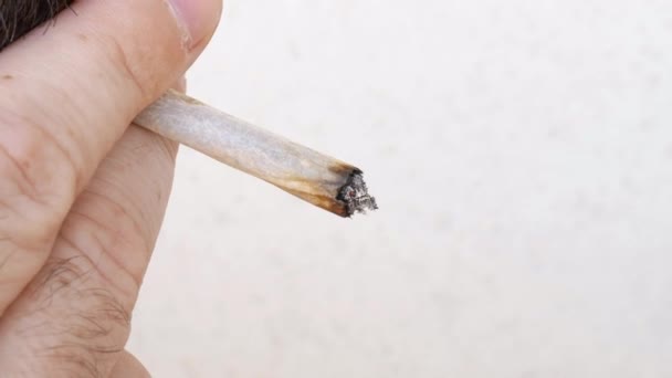 Macro vue d'un homme fumant un cigare fait main avec du tabac à rouler sur un fond blanc