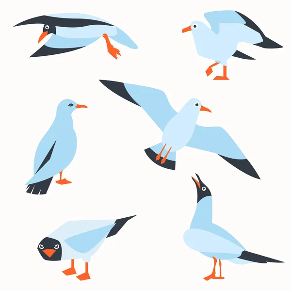 Conjunto Vectorial Hermosas Gaviotas Estilo Plano Aislado Sobre Fondo Blanco — Vector de stock