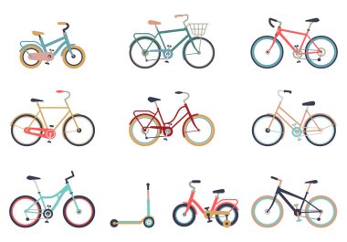 Beyaz arka plan üzerinde izole düz bir tarzda bisiklet kümesi. Erkek, kadın, erkek, kız için bisiklet. Bisiklet simgesi vektörü. Sepetli farklı bisikletler, seyahat ve tur bisikleti, beyaz lastikler, karbon jantlar