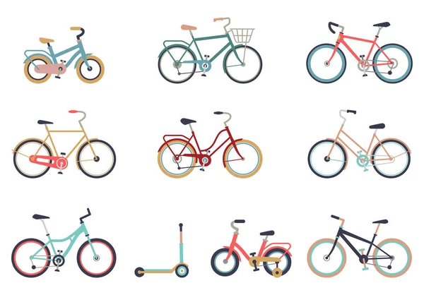 Conjunto Bicicletas Estilo Plano Aisladas Sobre Fondo Blanco Bicicleta Para — Vector de stock