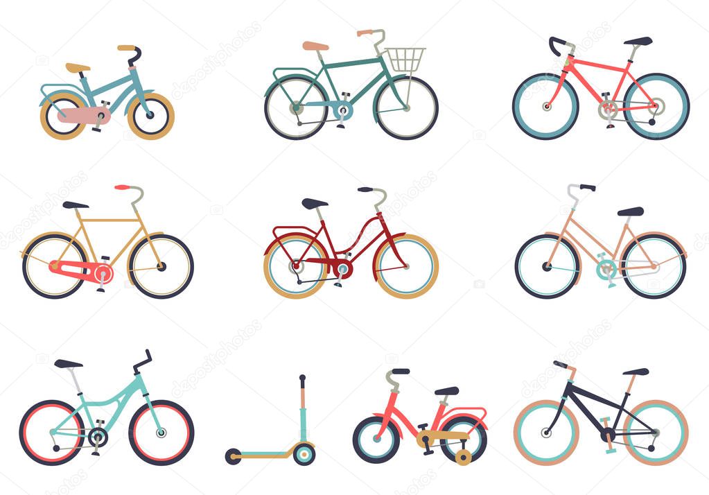 Set of bicycles in a flat style isolated on white background. Bike for man, woman, boy, girl. Bike icon vector. Different bicycles with a basket, travel and touring bicycle, white tires, carbon wheels