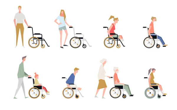 坐在轮椅上的人残疾儿童 残疾儿童 不同学生在轮椅矢量设置 在白色背景上被隔离的人的插图 残疾人和残疾人 — 图库矢量图片