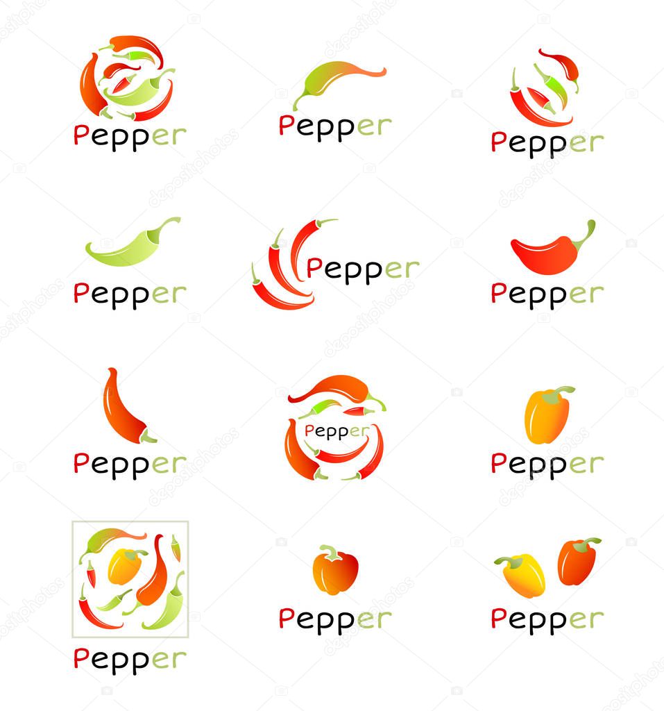 Hot food. Red peppers on white background. Chili pepper. Vector illustration. Logo.