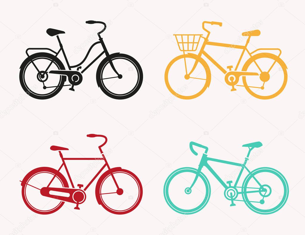 Bicycle Vector. Bike icon vector. Guide of bike types. Poster with racing road, touring , mountain, BMX, hybrid and city. Trendy Flat style for graphic design, logo.