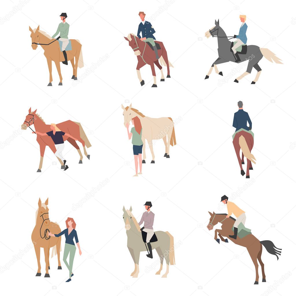 People on horseback. A rider on a horse. Horse breeds color flat icons set. Various color horses Various poses vector design.