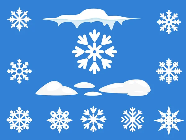 Floco Neve Inverno Conjunto Azul Fundo Branco Coleção Gelo Ilustração — Vetor de Stock
