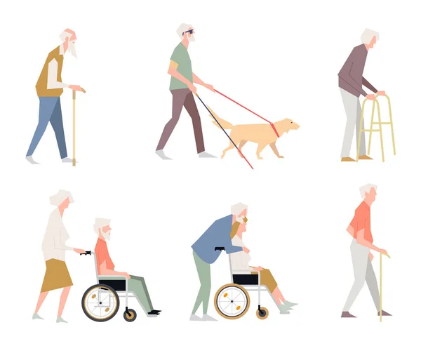 街上的人是残疾人 坐在轮椅上的养老金领取者 能力有限的人 扁平样式站立的字符 — 图库矢量图片