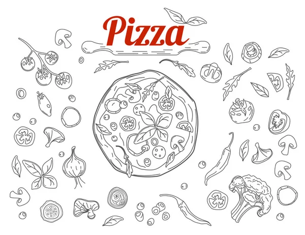 Italienische Pizza und Zutaten von oben. italienische Speisekarte Design-Vorlage. Vintage handgezeichnete Skizze, Vektorillustration. Essen im Doodle-Stil. — Stockvektor